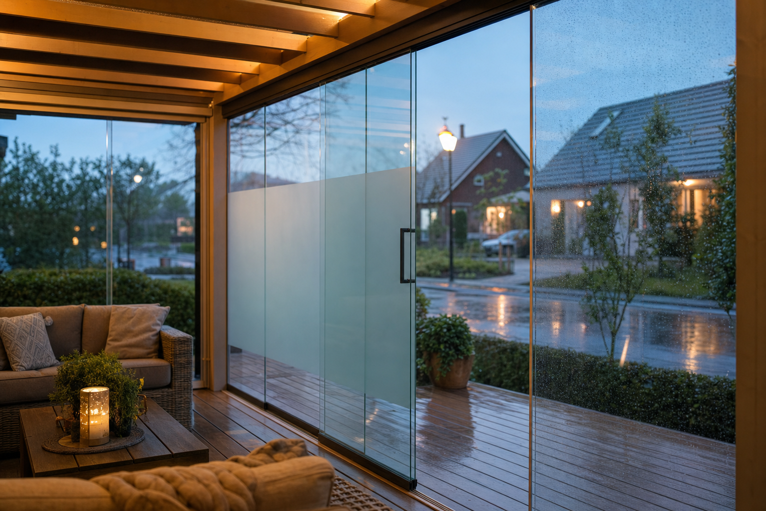 Glazen schuifwand met getint glas voor veranda privacy en geluidsisolatie