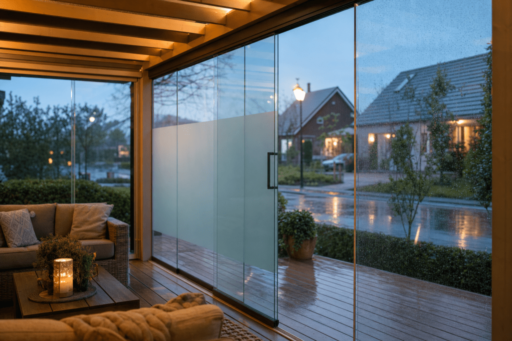 Is een glazen schuifwand kopen ook geschikt als je meer geluidsisolatie en privacy op je veranda wilt, en welke opties (getint glas, folie, matglas) werken het&nbsp;beste?