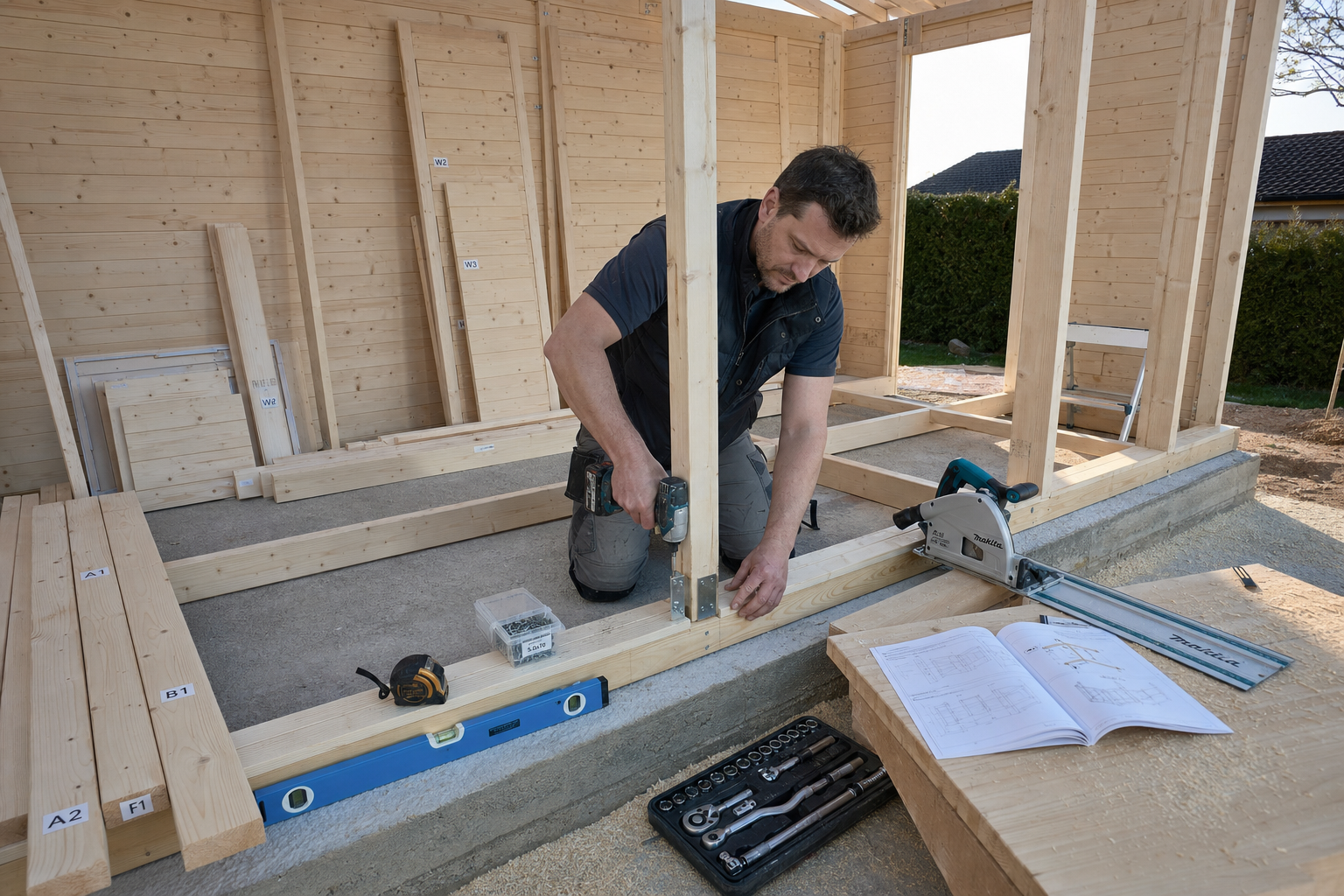 Houten schuur bouwpakket montage met gereedschappen